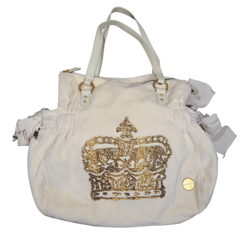 Juicy Couture Y2K Cream Velour Crown Bow Satchel Gold Sequin Bag
